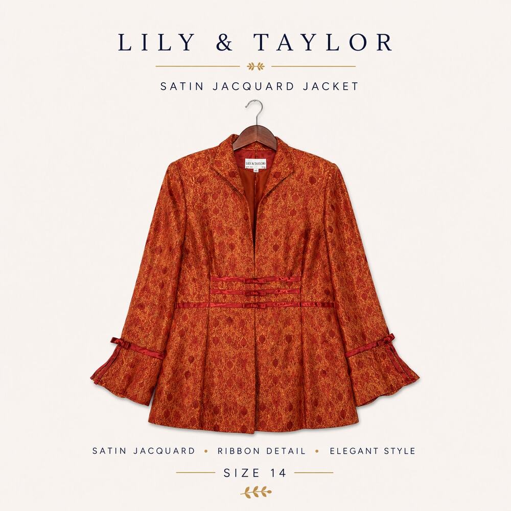 Lily & Taylor Satin Jacquard Jacket Size 14 Orange Ribbon Trim Church Career